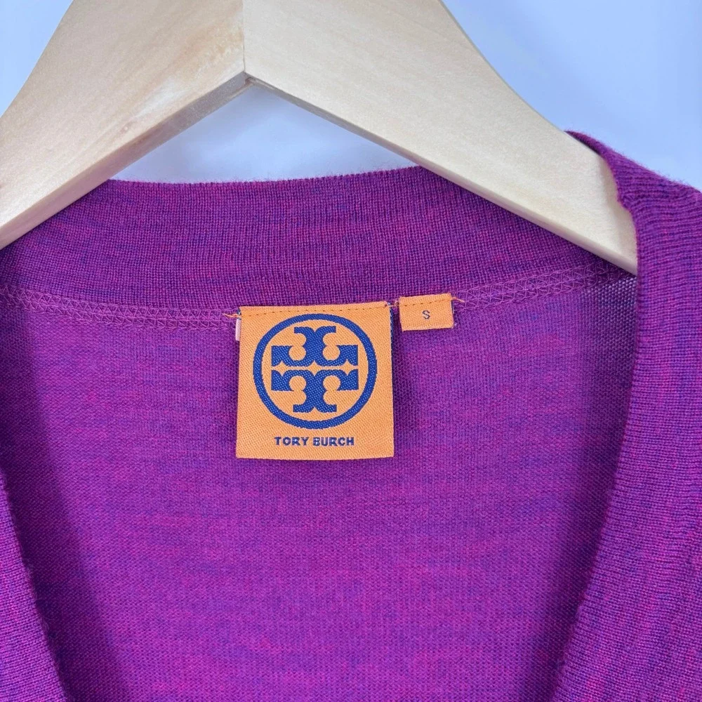Tory Burch Simone Cardigan Women S Purple Merino Wool Logo Button Sweater V-Neck